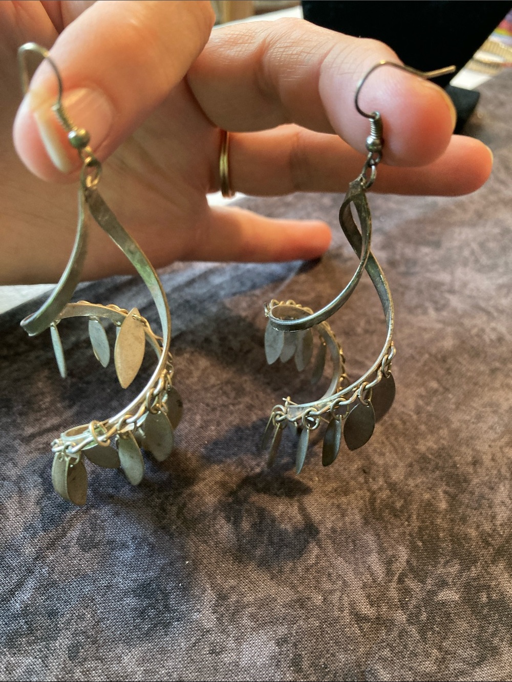 Silver Tone Dangle Leaf Chandelier Earrings
